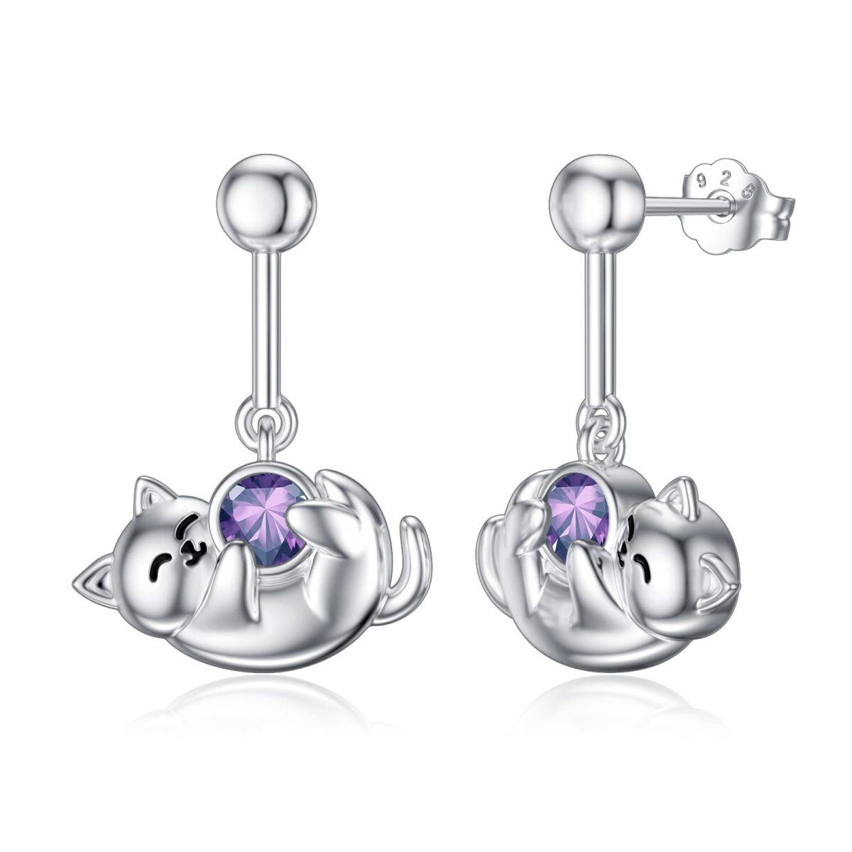 Sterling Silver February Birthstone Cubic Zirconia Cat Stud Earrings for Girls Women-1