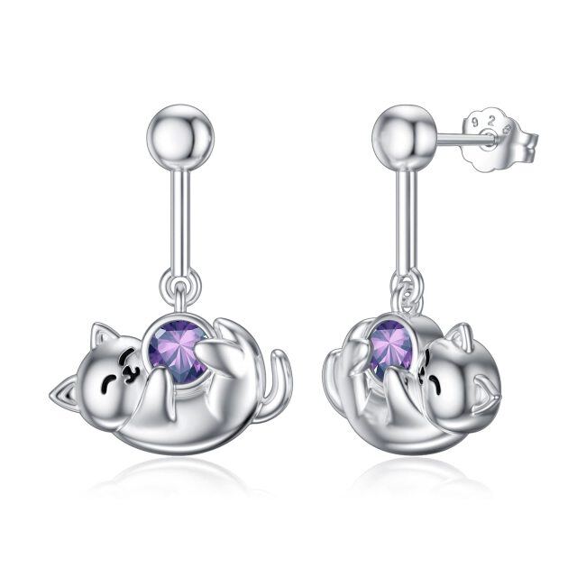 Sterling zilveren februari Birthstone Cubic Zirconia kat Stud Oorbellen voor meisjes vrouwen-1