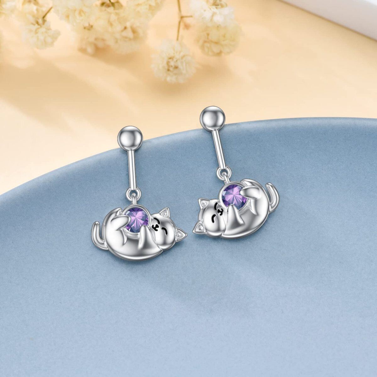 Sterling Silver February Birthstone Cubic Zirconia Cat Stud Earrings for Girls Women-3