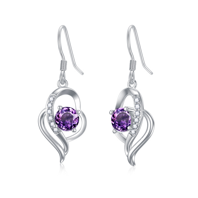 Sterling Silver February Birthstone Crystal Heart Drop Earrings for Girls Women-1