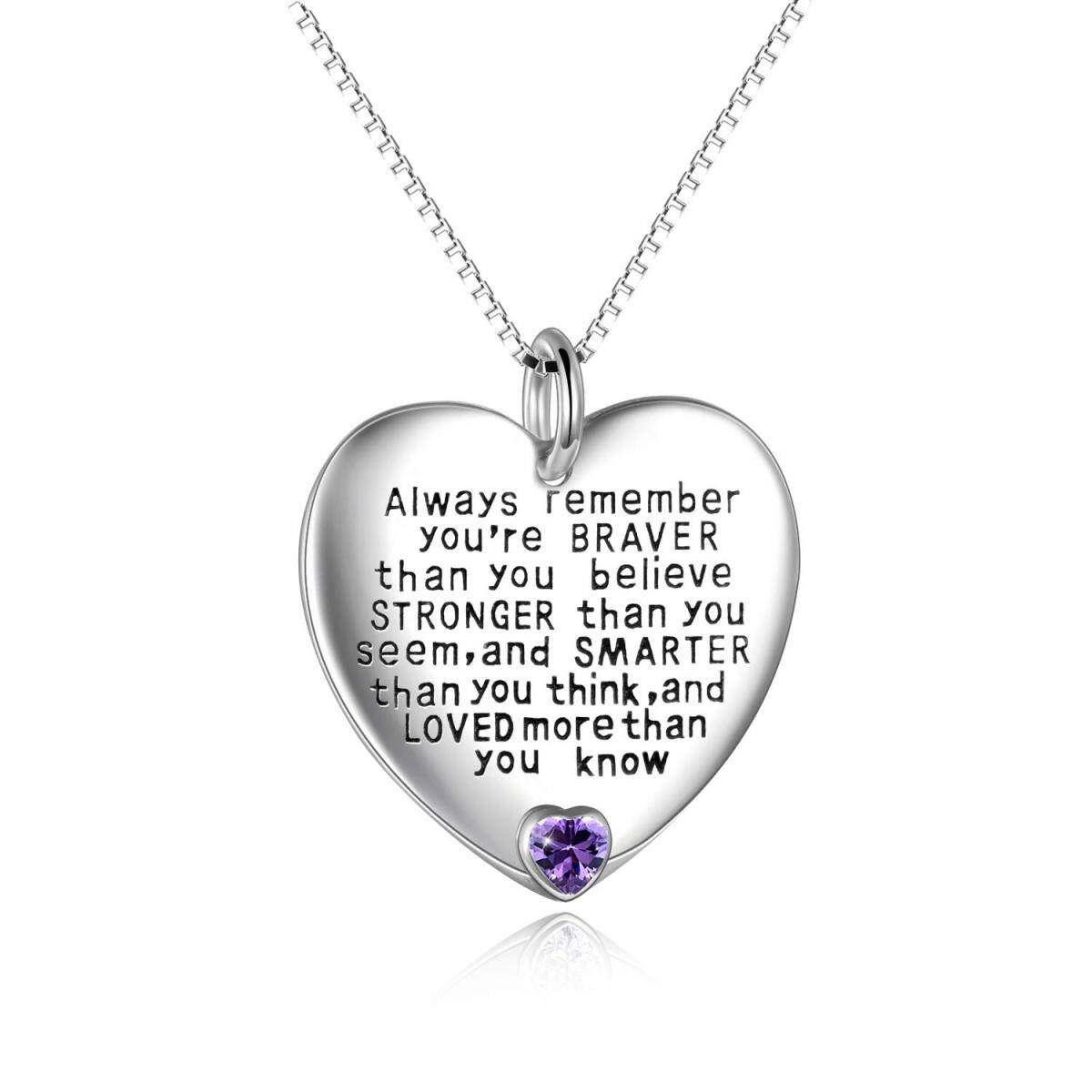 Sterling Silver February Birthstone Cubic Zirconia Heart Pendant Inspirational Necklace-1