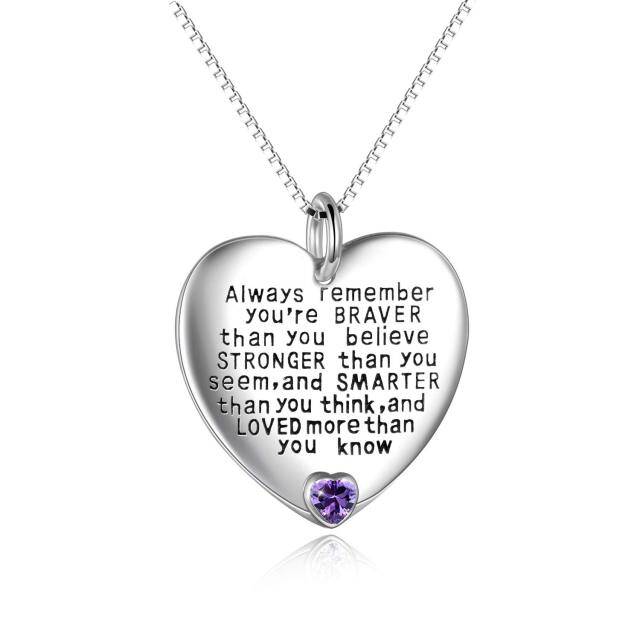 Sterling Silver February Birthstone Cubic Zirconia Heart Pendant Inspirational Necklace-1