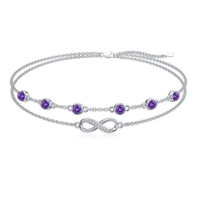 Bracelet de cheville multicouche en argent sterling avec pierre de naissance du mois de février et symbole de l'infini-1