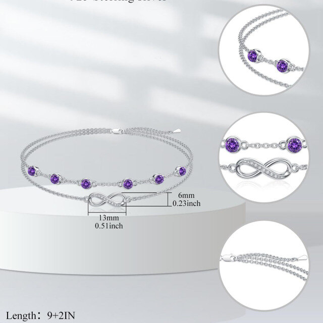 Bracelet de cheville multicouche en argent sterling avec pierre de naissance du mois de février et symbole de l'infini-4