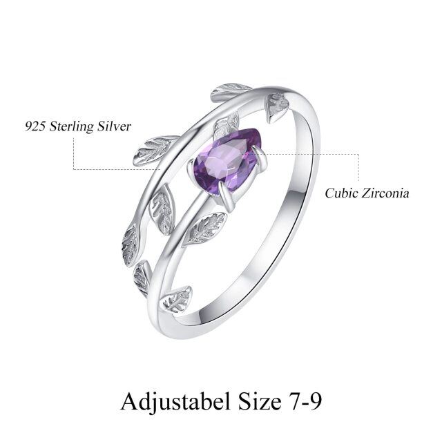 Anello aperto in argento sterling con pietra portafortuna di febbraio, a forma di pera e zirconi cubici, con foglie-4