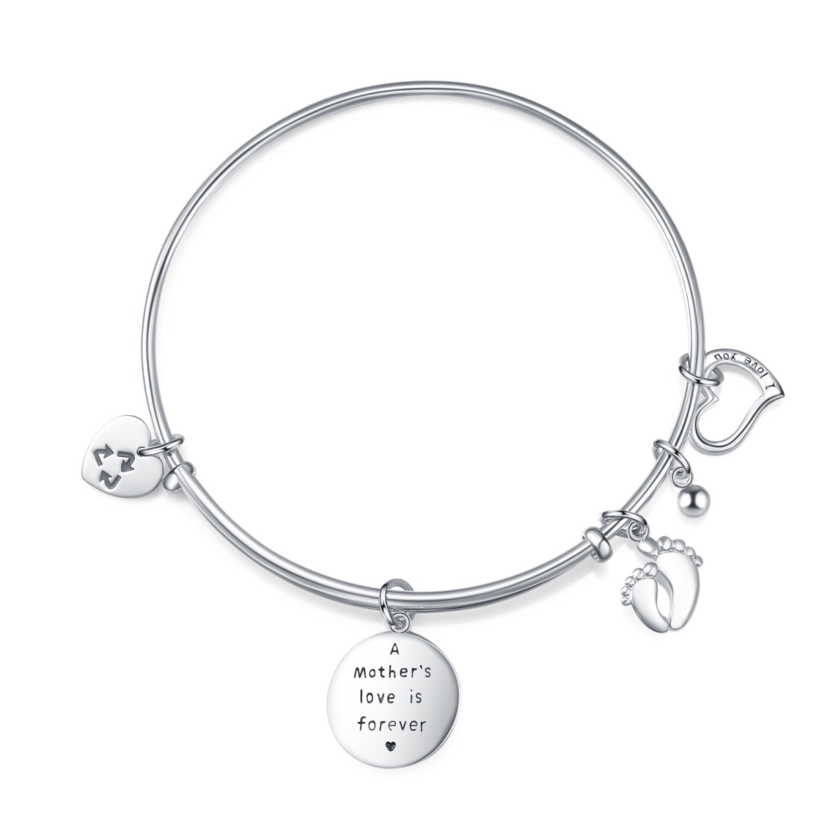 Pulsera de plata de ley con colgante de pies y corazón y palabra grabada-1