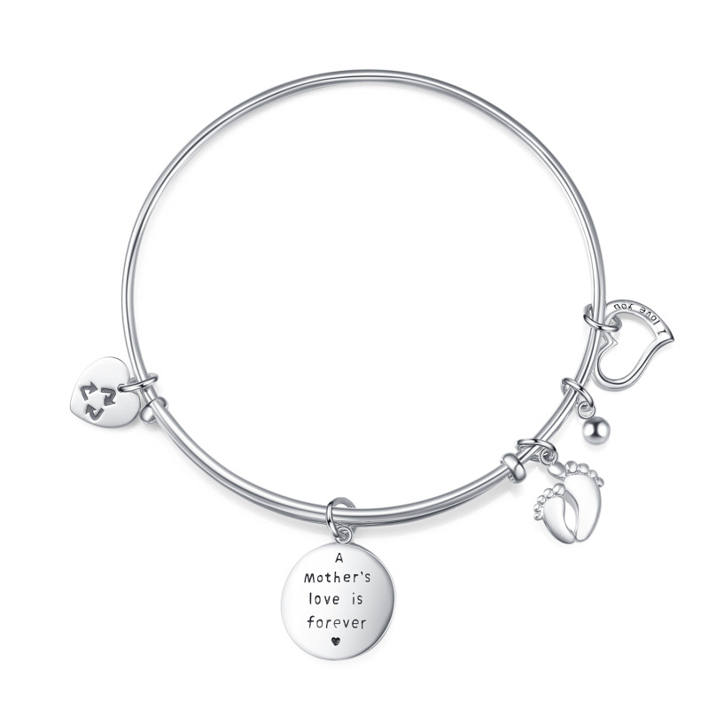 Sterling Silver Feet & Heart Pendant Bangle with Engraved Word