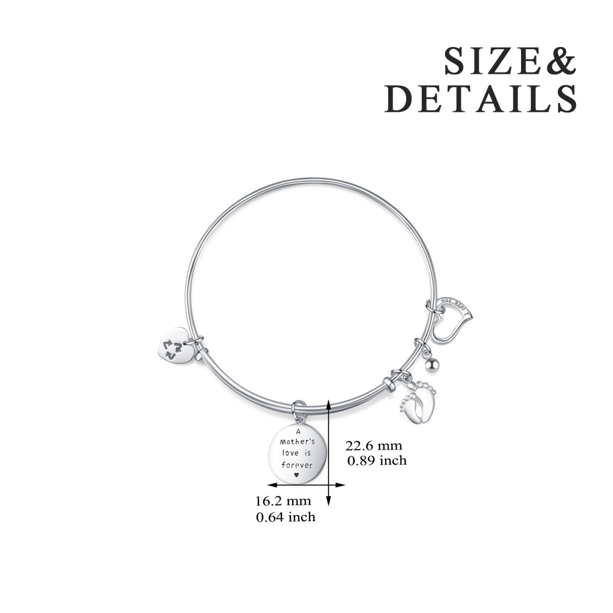 Pulsera de plata de ley con colgante de pies y corazón y palabra grabada-5