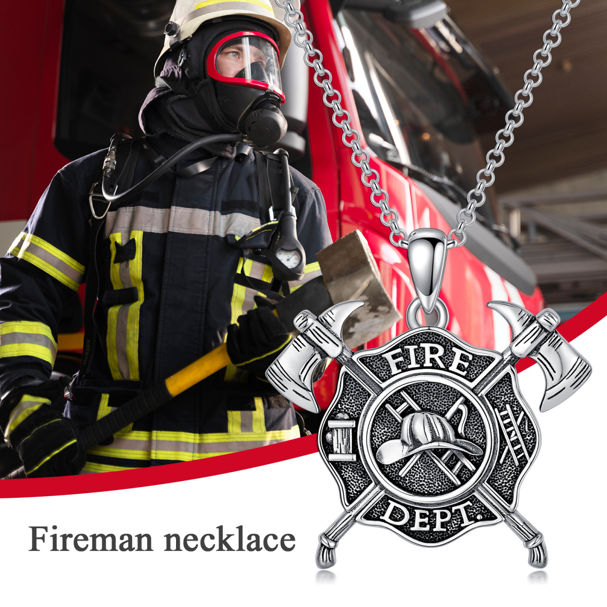 Sterling Silver Fire Dept Shield Pendant Necklace-3