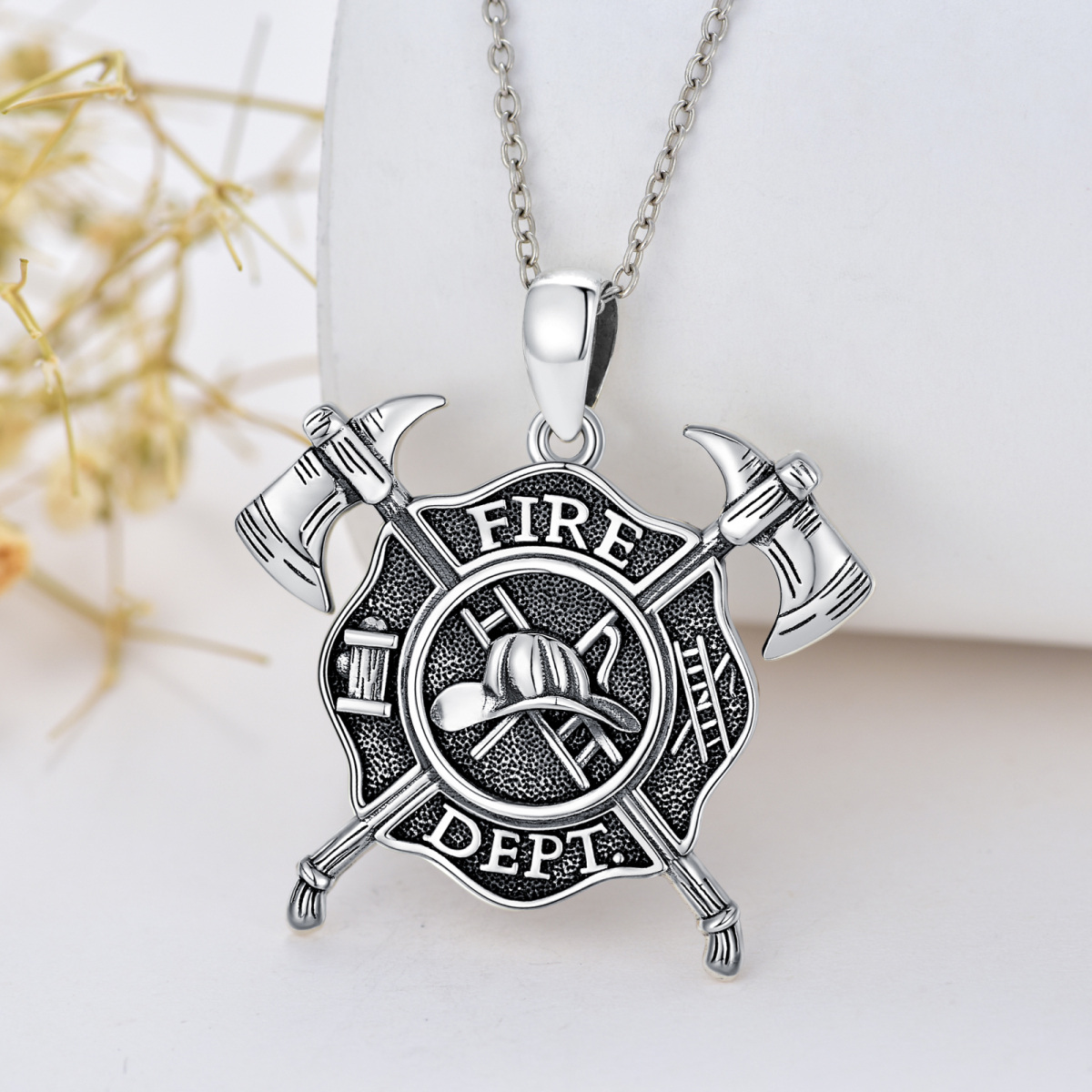 Sterling Silber Fire Dept Schild Anhänger Halskette-4