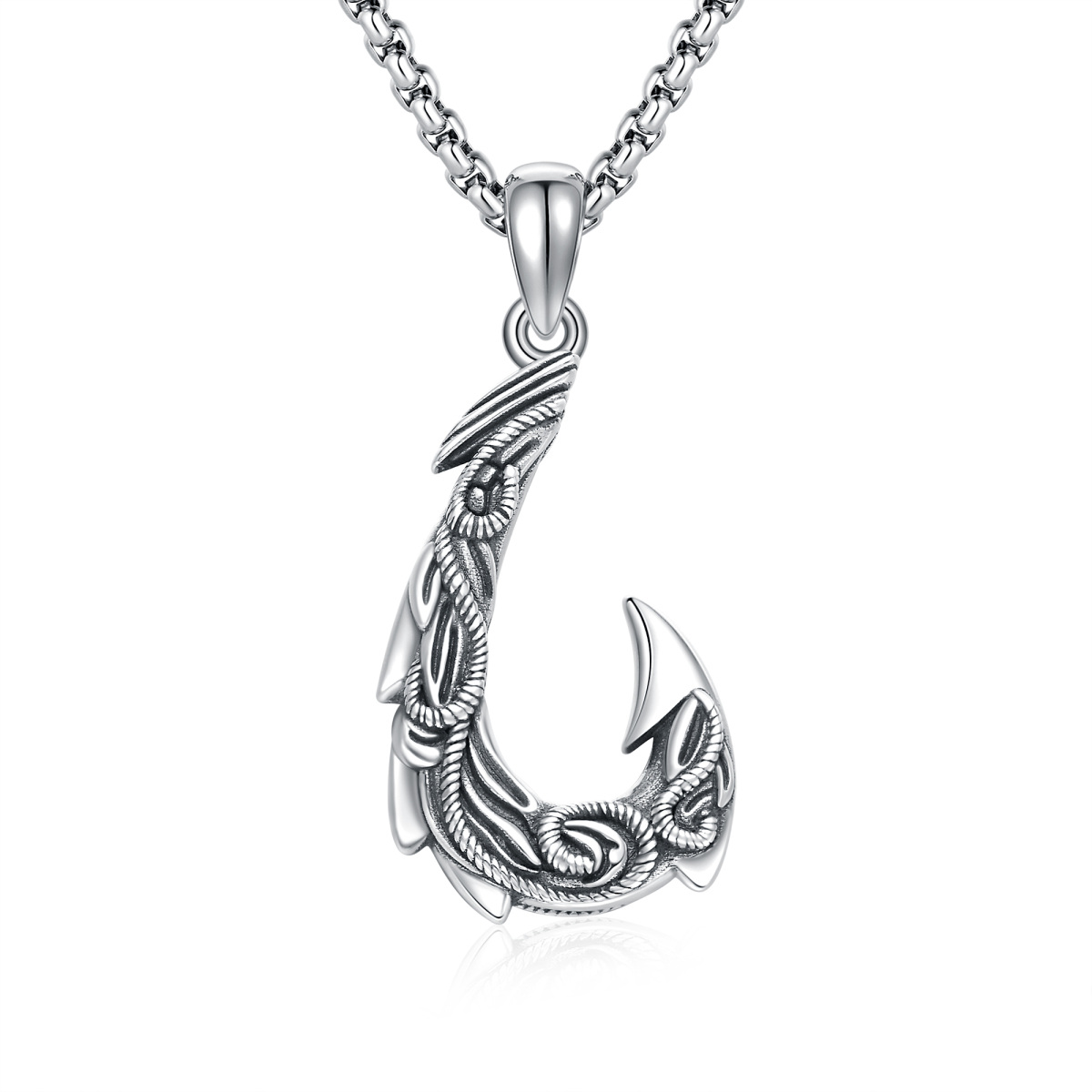 Sterling Silver Fish Hook Pendant Necklace for Men-1