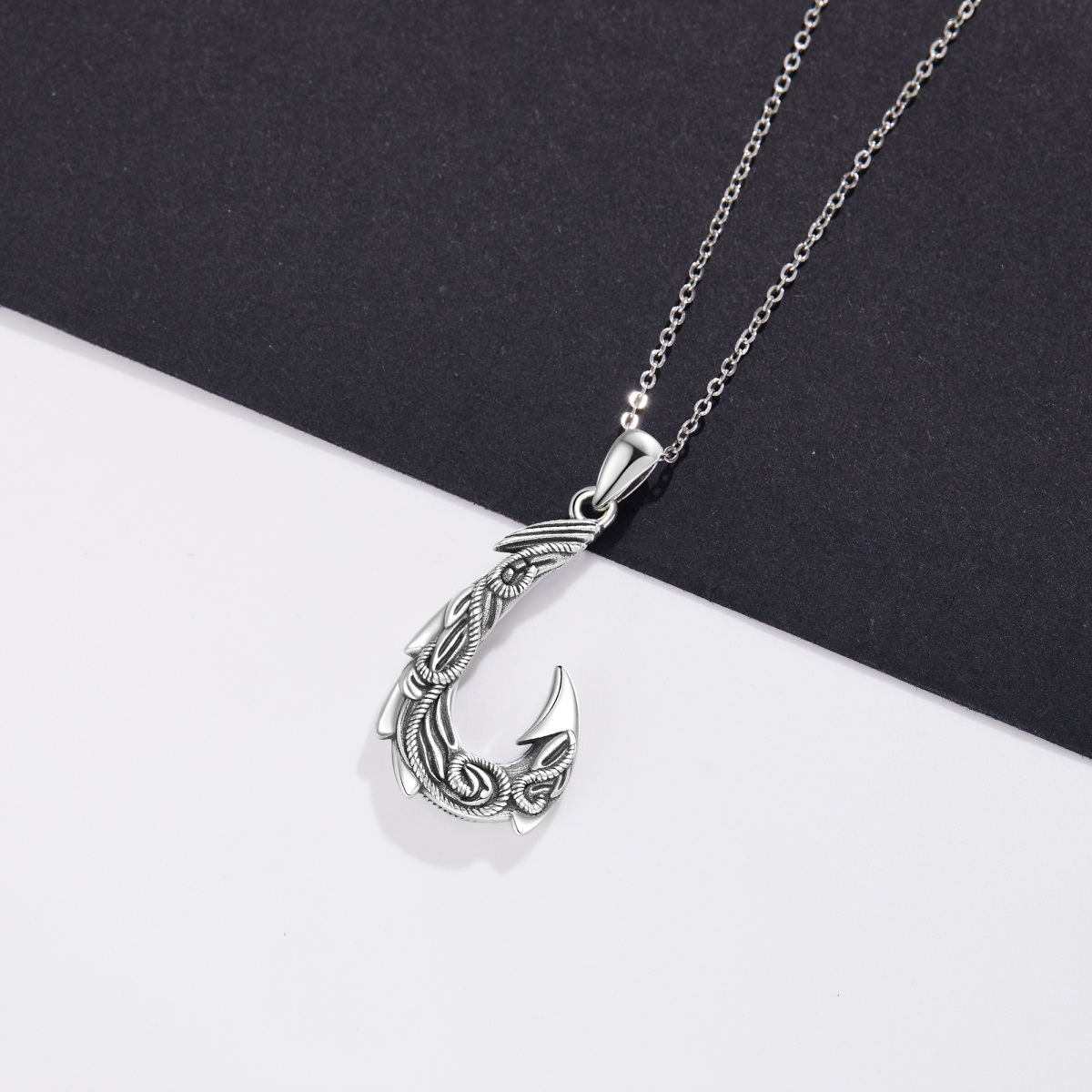 Sterling Silver Fish Hook Pendant Necklace for Men-3