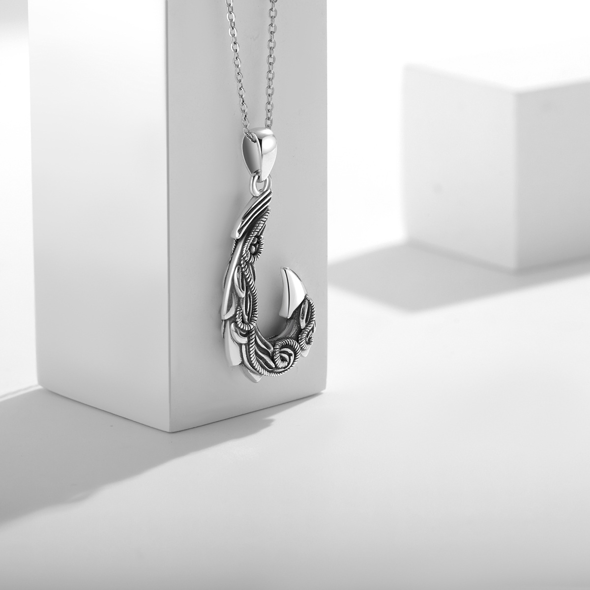 Sterling Silver Fish Hook Pendant Necklace for Men-4