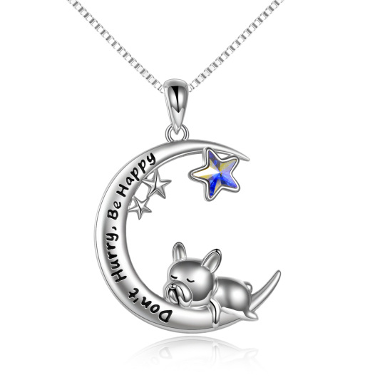 Sterling Silver Five-Pointed Star Shaped Crystal Dog & Moon & Star Pendant Necklace with Engraved Word