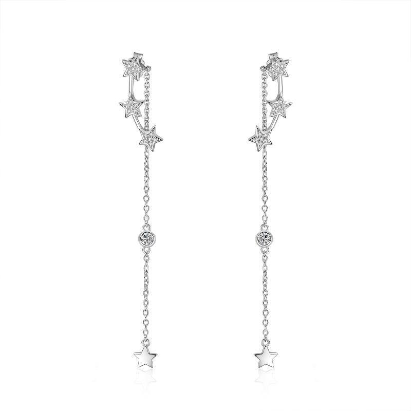 Sterling Silver Five-Pointed Star Cubic Zirconia Drop Earrings For Women-1