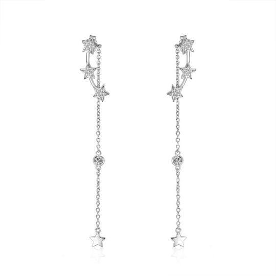 Sterling Silver Five-Pointed Star Cubic Zirconia Drop Earrings For Women