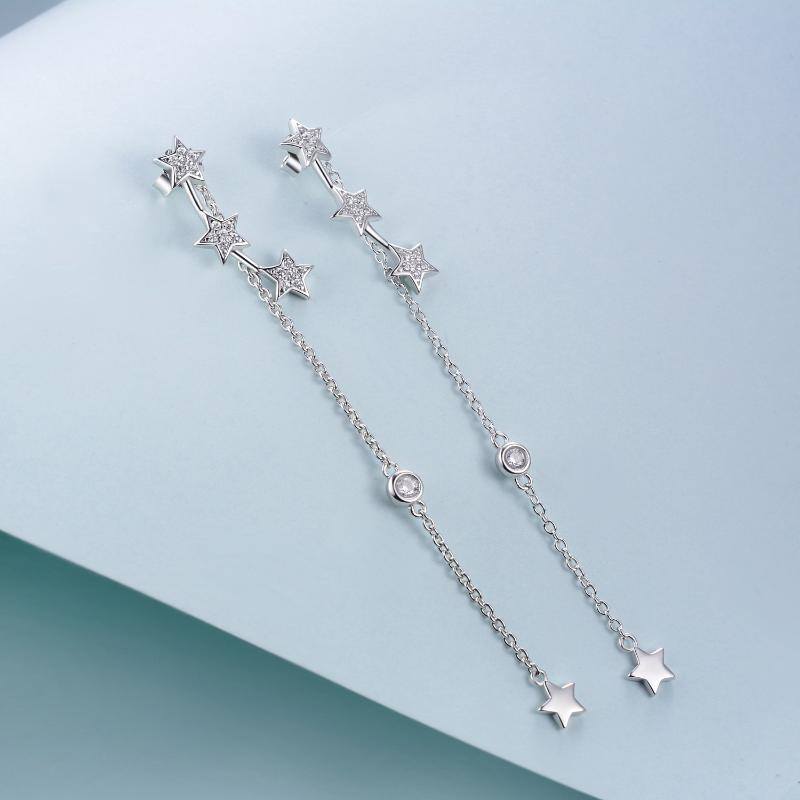 Orecchini pendenti da donna in argento sterling con stella a cinque punte e zirconi cubici-3