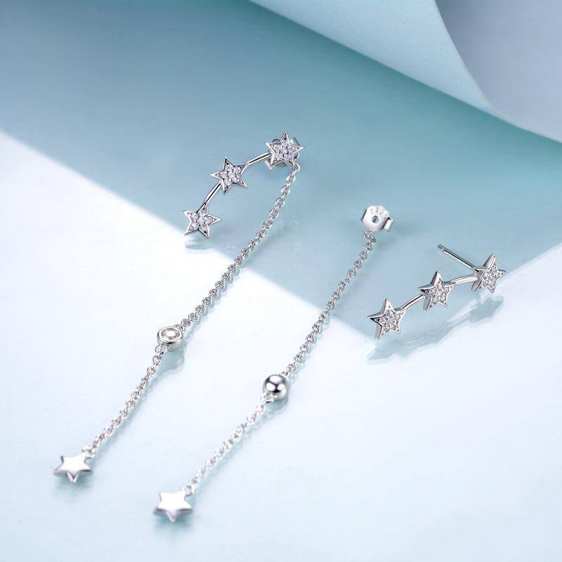 Sterling Silver Five-Pointed Star Cubic Zirconia Drop Earrings For Women-4