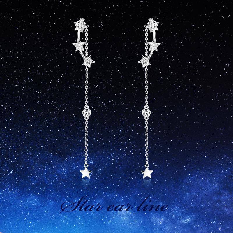 Sterling Silver Five-Pointed Star Cubic Zirconia Drop Earrings For Women-5