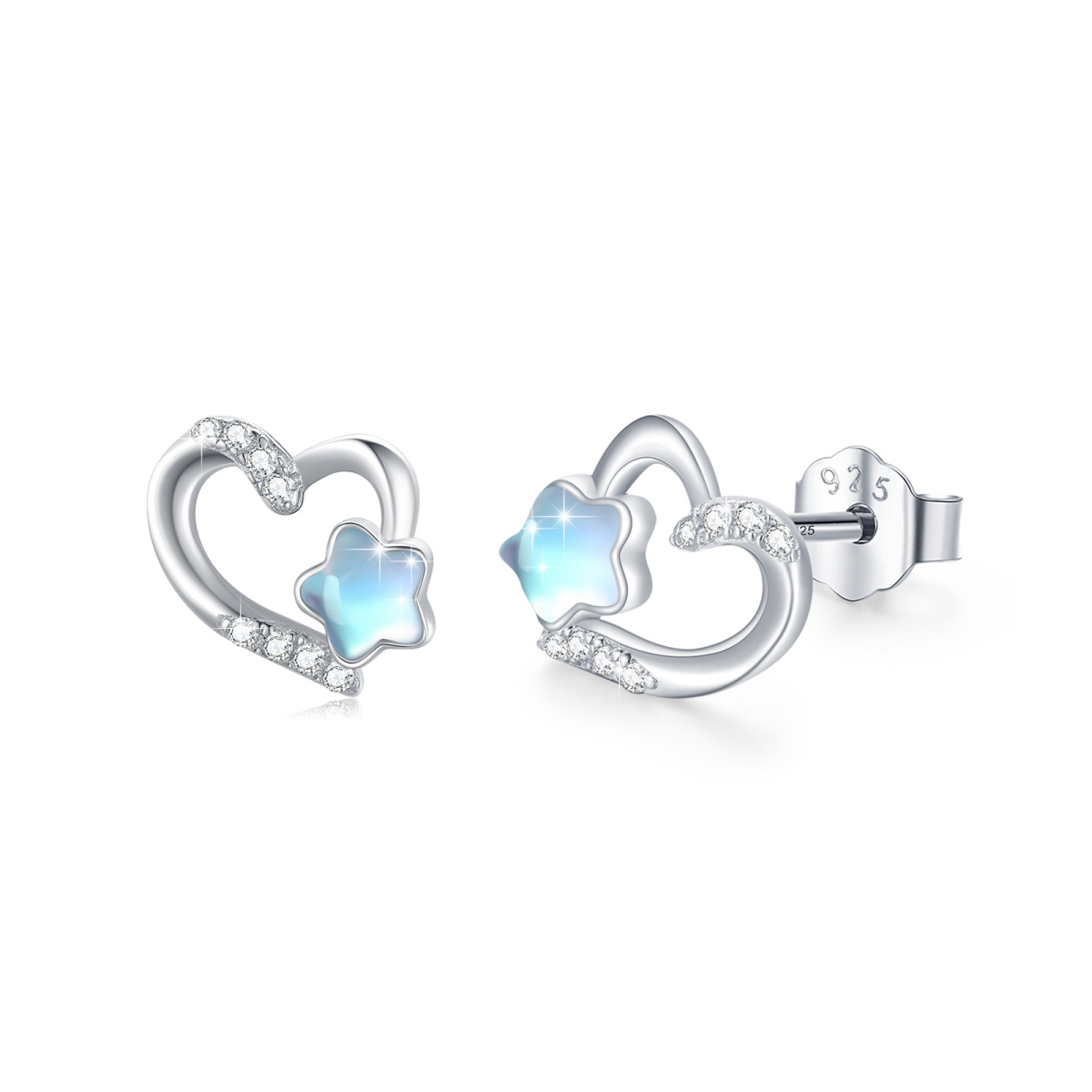 Sterling Silver Five-Pointed Star Moonstone Heart & Star Stud Earrings For Women-1