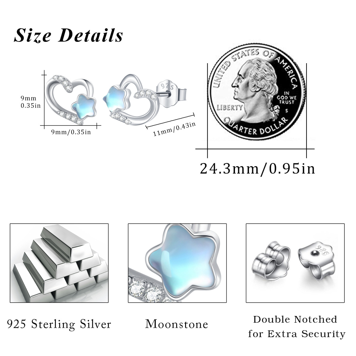 Sterling Silber Fünfzackiger Stern Mondstein Herz & Stern Ohrstecker-5