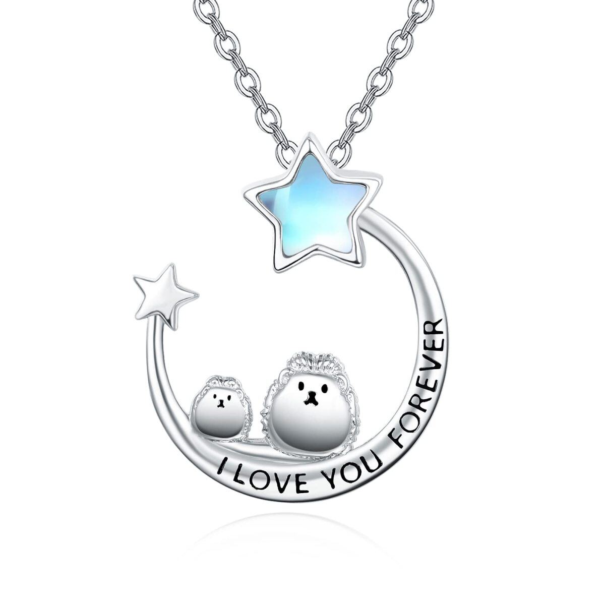 Sterling Silver Five-Pointed Star Moonstone Hedgehog Moon And Star Pendant Engraving Necklace For Women-1