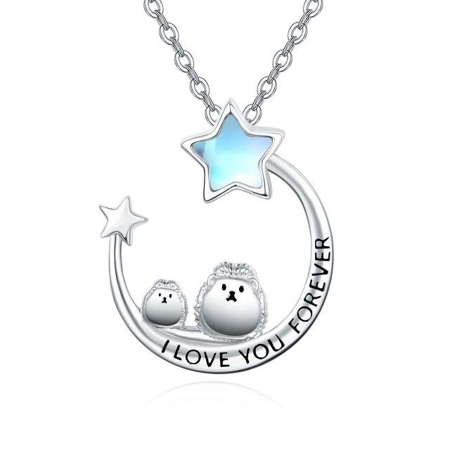 Sterling Silver Five-Pointed Star Shaped Moonstone Hedgehog & Moon & Star Pendant Necklace with Engraved Word