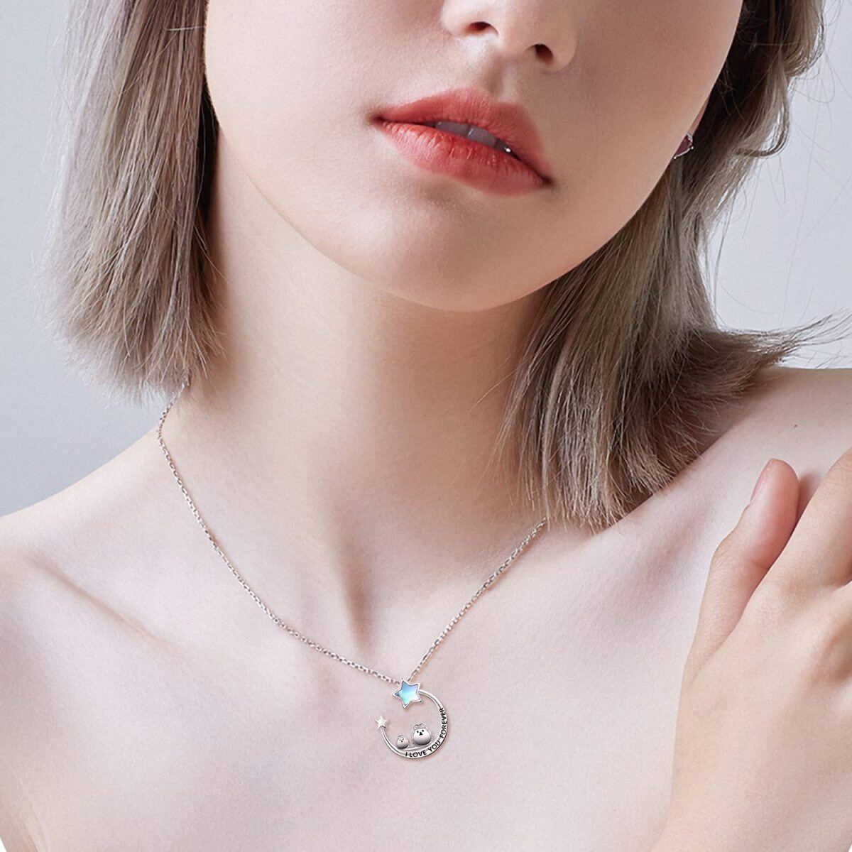 Collar con colgante de plata de ley con estrella de cinco puntas, piedra lunar, erizo, luna y estrella, grabado para mujer-2