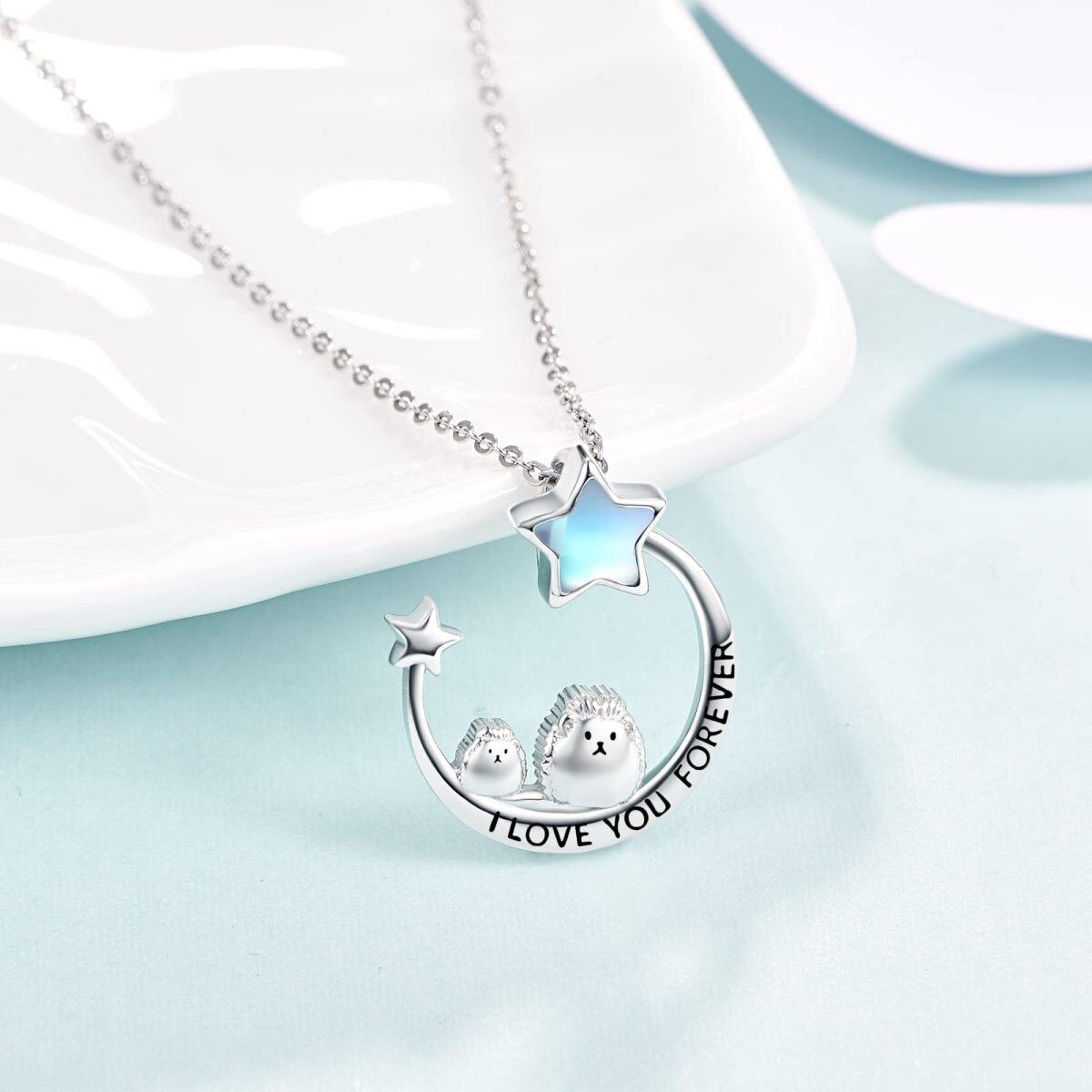 Collar con colgante de plata de ley con estrella de cinco puntas, piedra lunar, erizo, luna y estrella, grabado para mujer-4