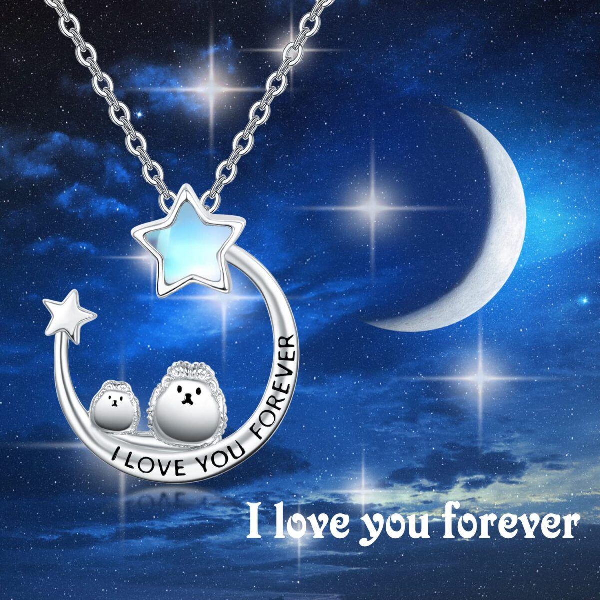 Sterling Silver Five-Pointed Star Moonstone Hedgehog Moon And Star Pendant Engraving Necklace For Women-5