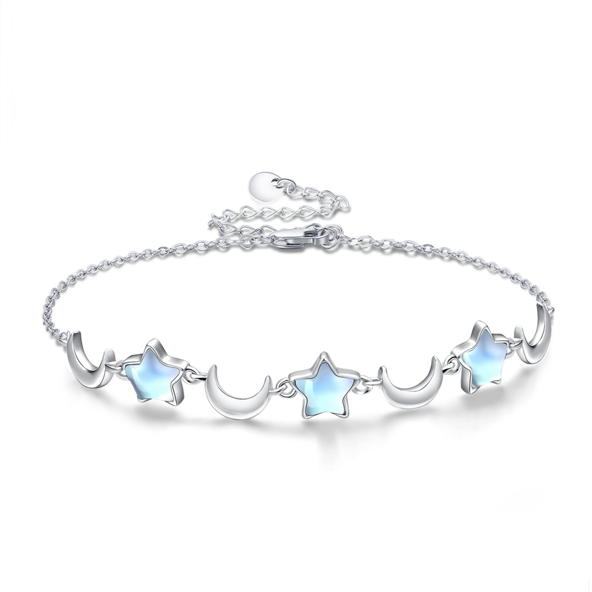 Pulsera con dije de luna y estrella de piedra lunar de plata de ley para niña-1