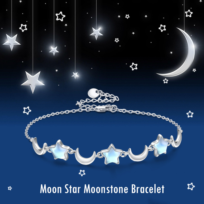 Sterling Silver Moonstone Moon & Star Charm Bracelet For Girl-3