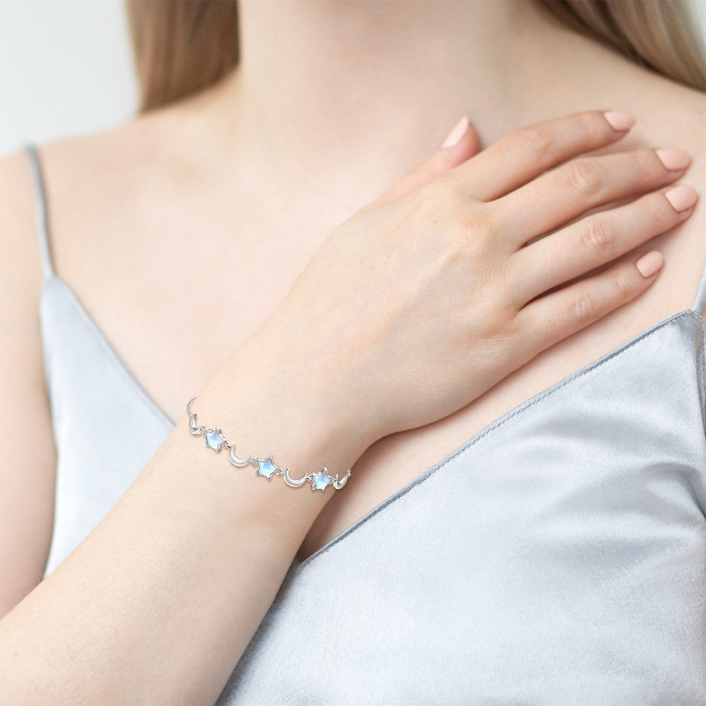 Sterling zilveren maansteen maan & ster bedelarmband voor meisje-4