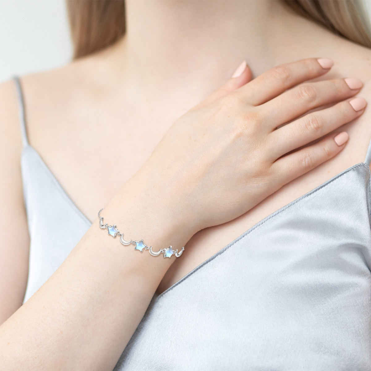 Pulsera con dije de luna y estrella de piedra lunar de plata de ley para niña-4