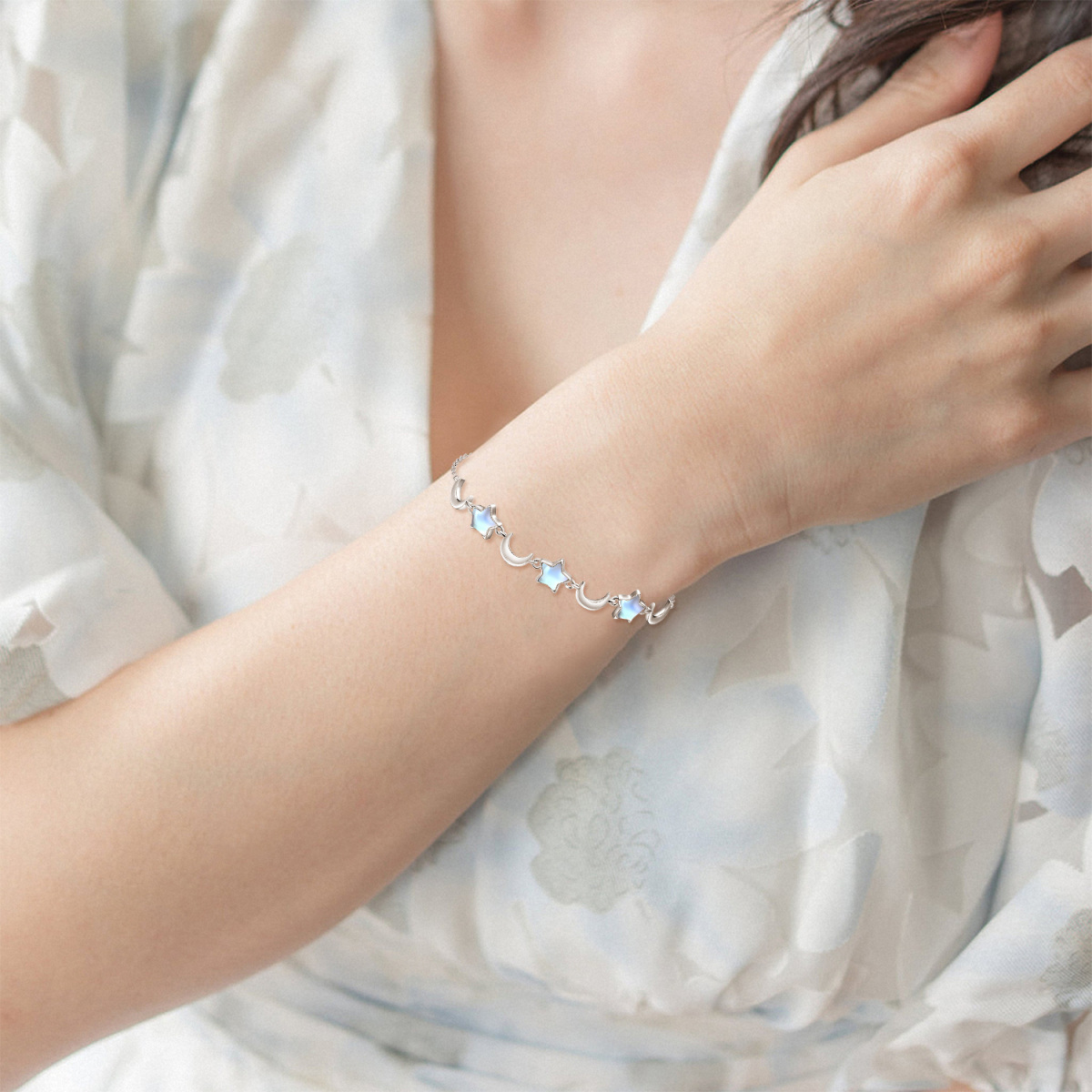 Pulsera con dije de luna y estrella de piedra lunar de plata de ley para niña-5