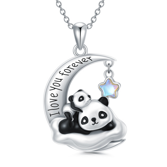 Sterling Silver Five-Pointed Star Shaped Moonstone Panda & Cloud & Moon Pendant Necklace with Engraved Word