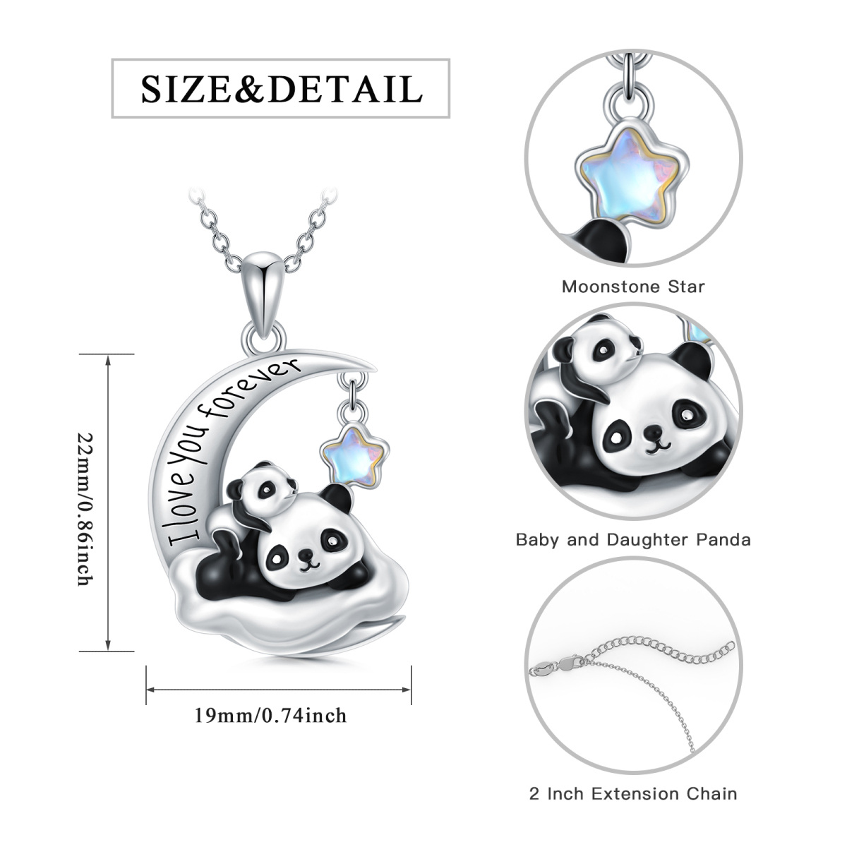 Sterling Silber fünfzackigen Stern geformt Mondstein Panda & Wolke & Mond Anhänger Halsket-5