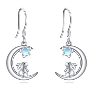 Sterling Silver Five-Pointed Star Shaped Moonstone Rabbit & Moon Drop Earrings-7