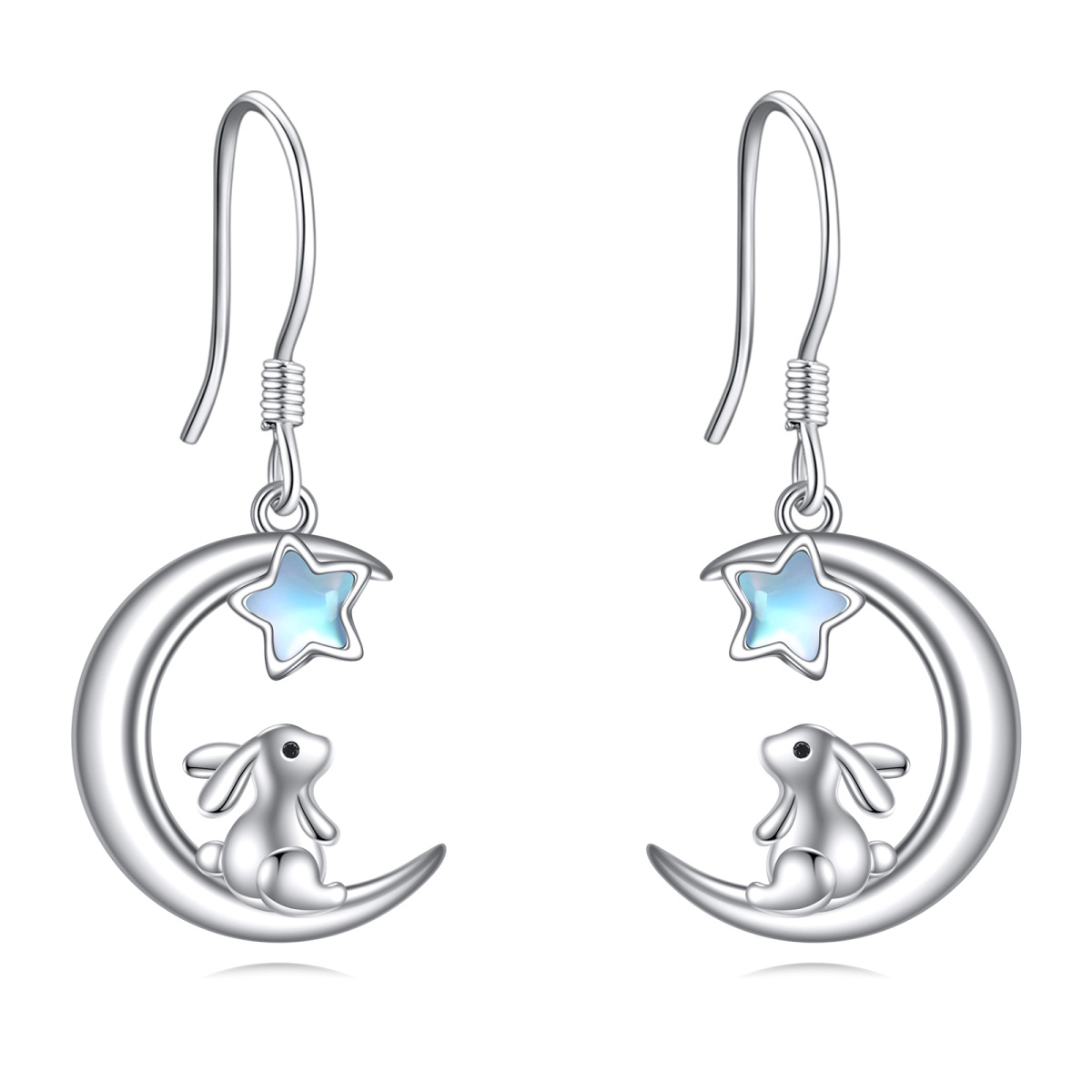 Sterling Silver Five-Pointed Star Shaped Moonstone Rabbit & Moon Drop Earrings