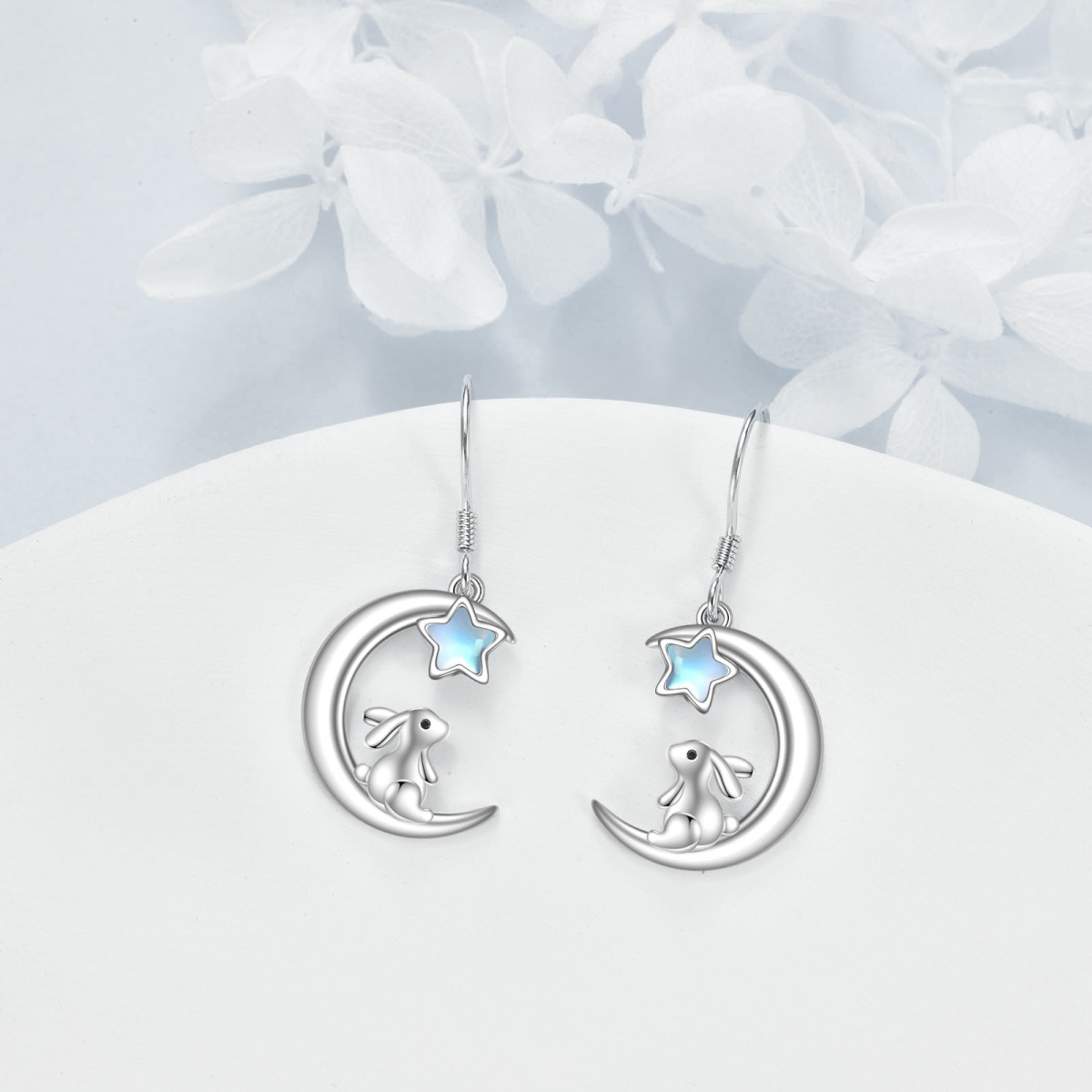 Sterling Silver Five-Pointed Star Shaped Moonstone Rabbit & Moon Drop Earrings-3