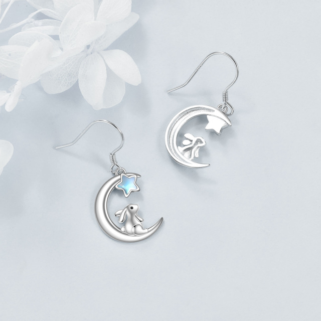 Sterling Silver Five-Pointed Star Shaped Moonstone Rabbit & Moon Drop Earrings-4