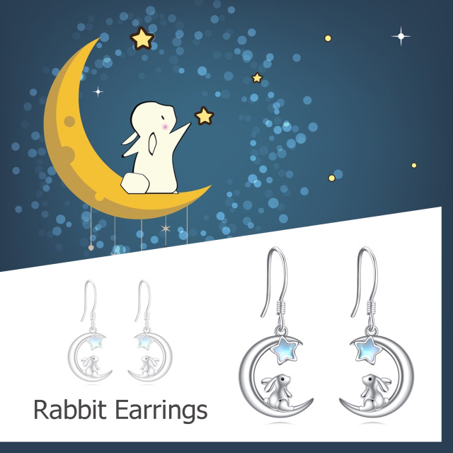 Sterling Silver Five-Pointed Star Shaped Moonstone Rabbit & Moon Drop Earrings-6