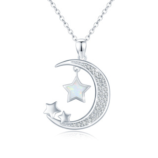 Sterling Silver Five-Pointed Star Opal Moon Pendant Necklace For Women-5