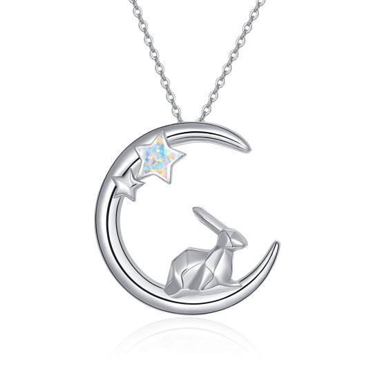 Collier en argent sterling avec pendentif lapin opale, lune et étoile en forme d'étoile à