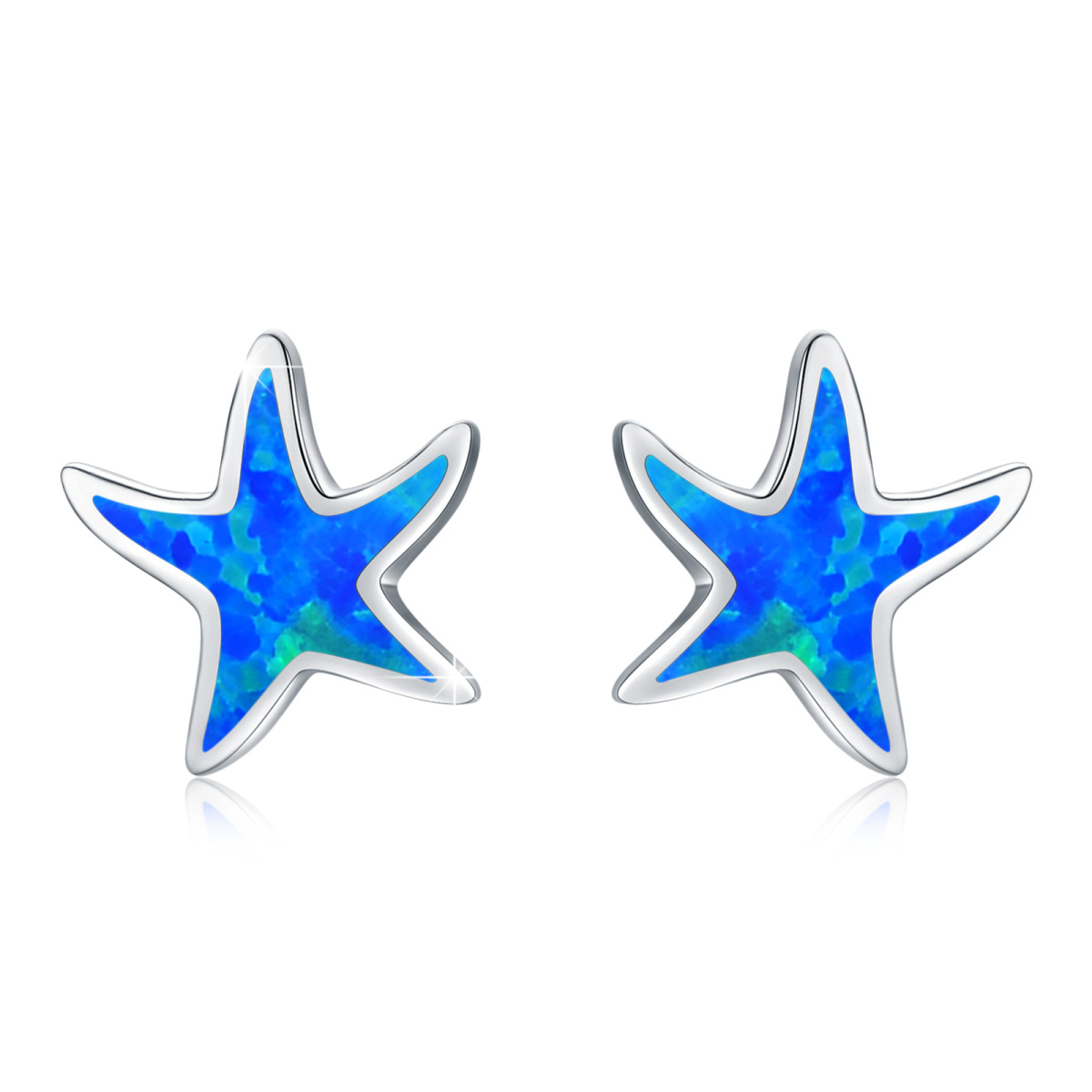 Sterling Silver Five-Pointed Star Shaped Opal Starfish Stud Earrings