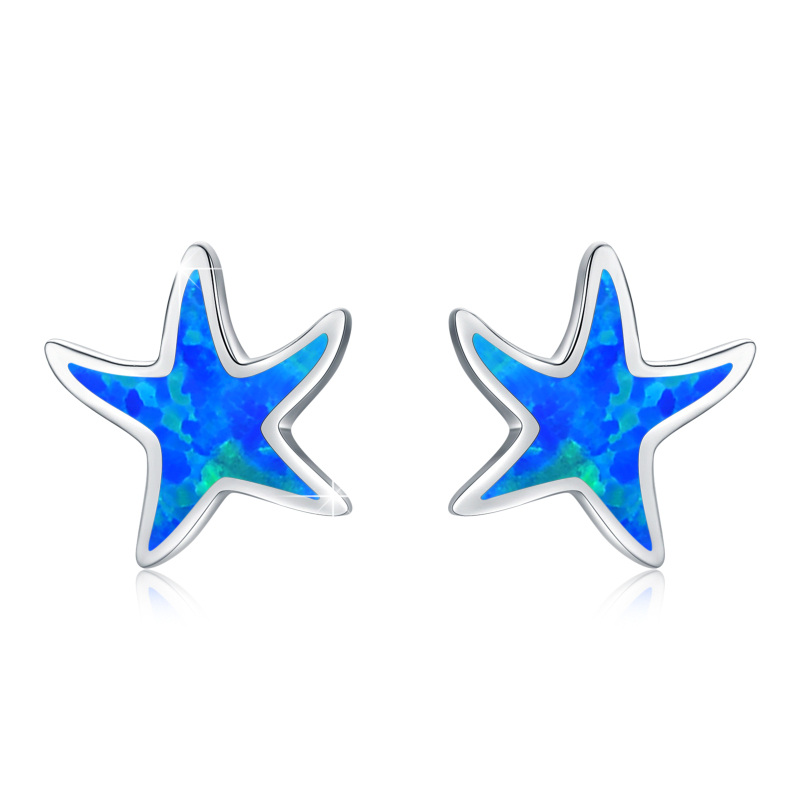 Sterling Silver Five-Pointed Star Shaped Opal Starfish Stud Earrings