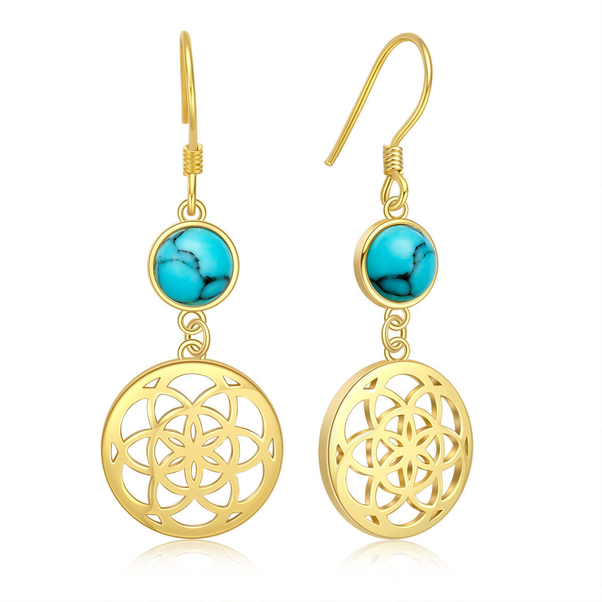 Gold Vermeil Circular Turquoise Flowers Drop Earrings for Women-1