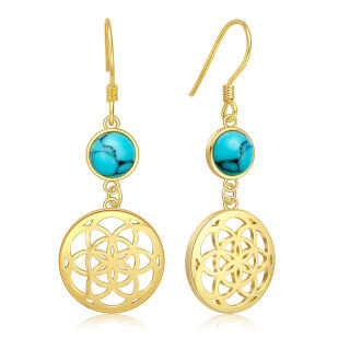 Gold Vermeil Circular Turquoise Flowers Drop Earrings for Women-54