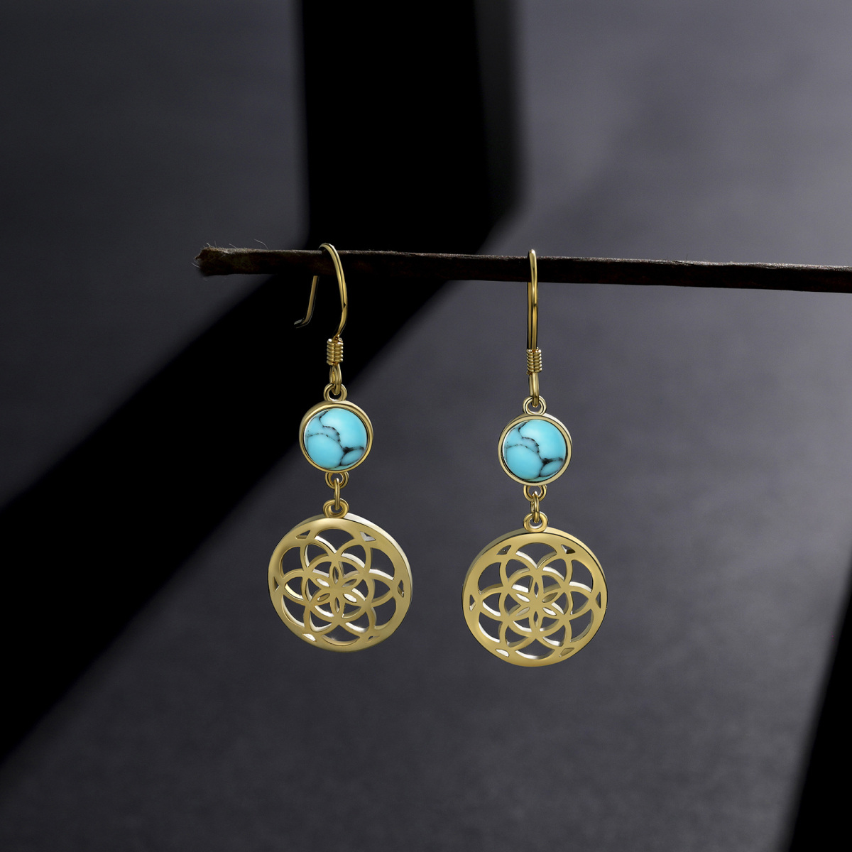 Gold Vermeil Circular Turquoise Flowers Drop Earrings for Women-4