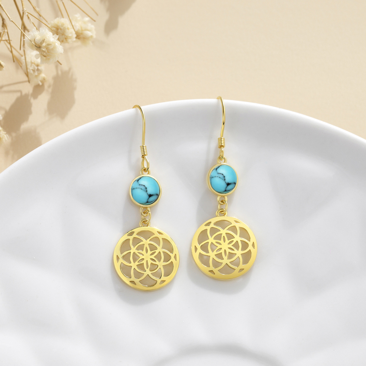 Gold Vermeil Circular Turquoise Flowers Drop Earrings for Women-3